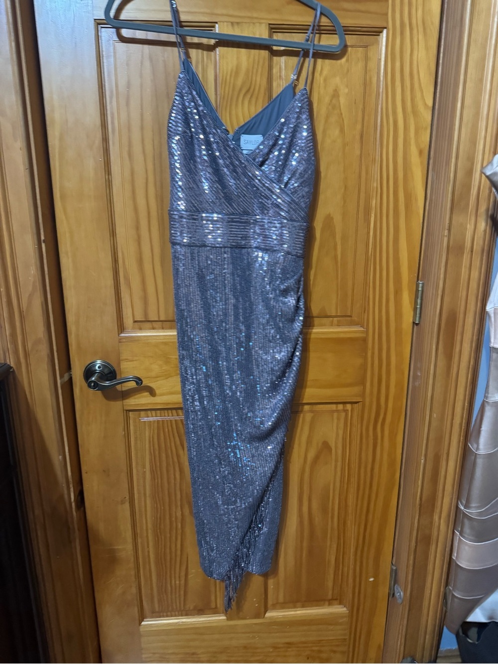 Sleeveless Silver Sequin Midi Dress with V-Neck